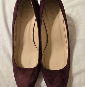 J Crew Lucite Heels in Suede Vintage Cabernet 8
